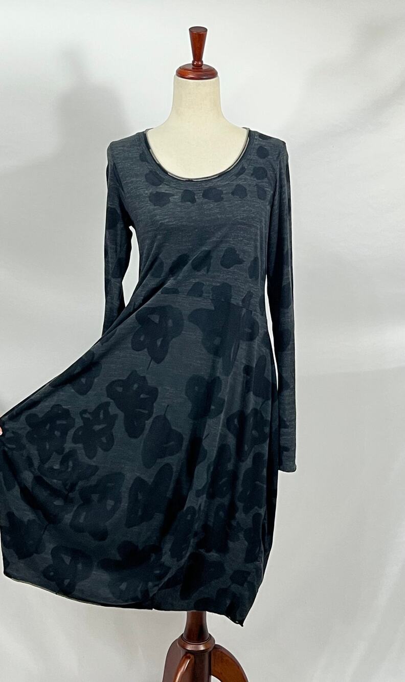 RUNDHOLZ Black Label Sz M Medium Gray Floral Long Sleeve Midi Dress Cotton